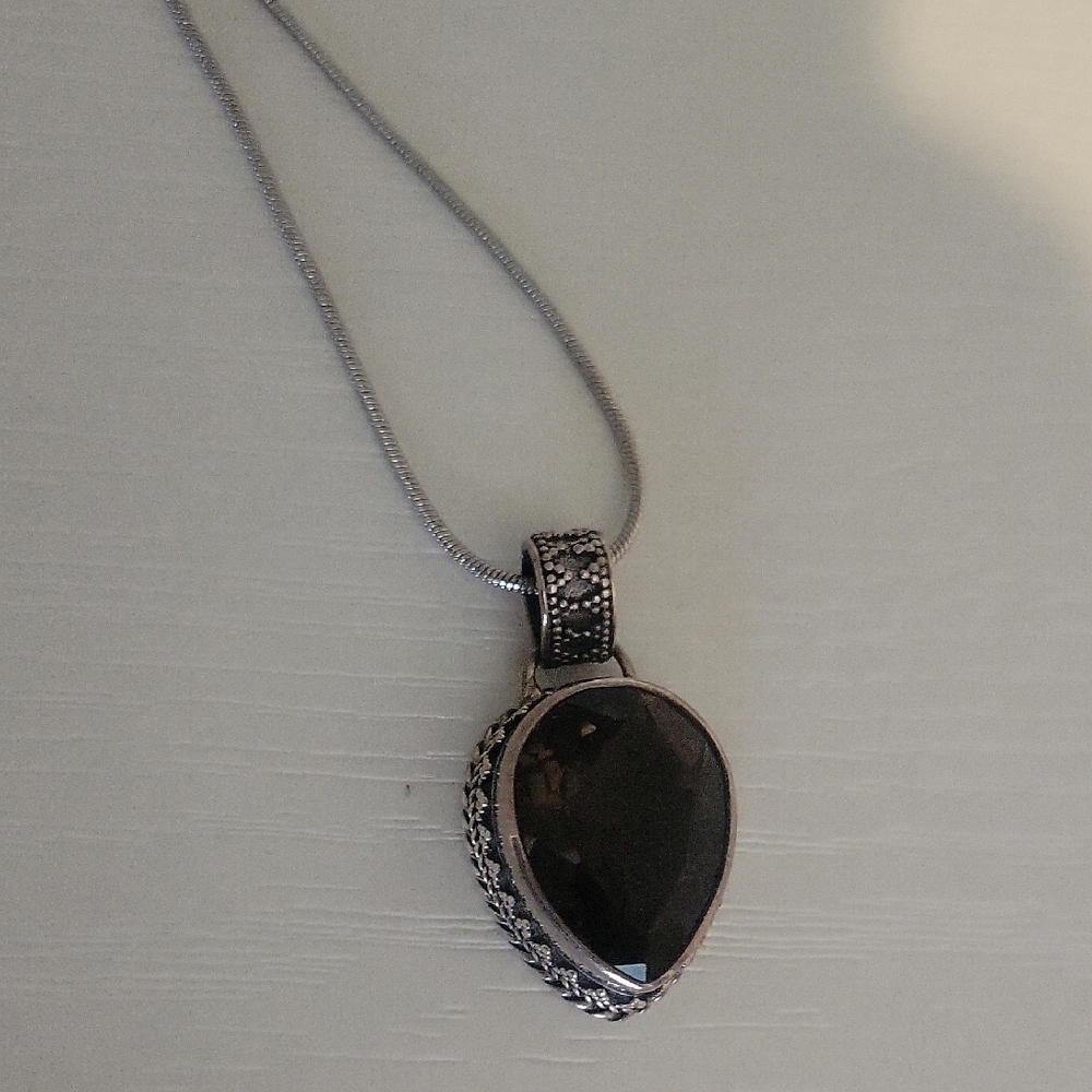Sterling Silver Large Smoky Topaz Pendant Necklace with Ss chain